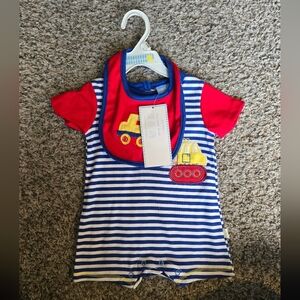 NWT Duck Duck Goose Striped Blue and Red Baby Romper with Bib Size 6-9 Months